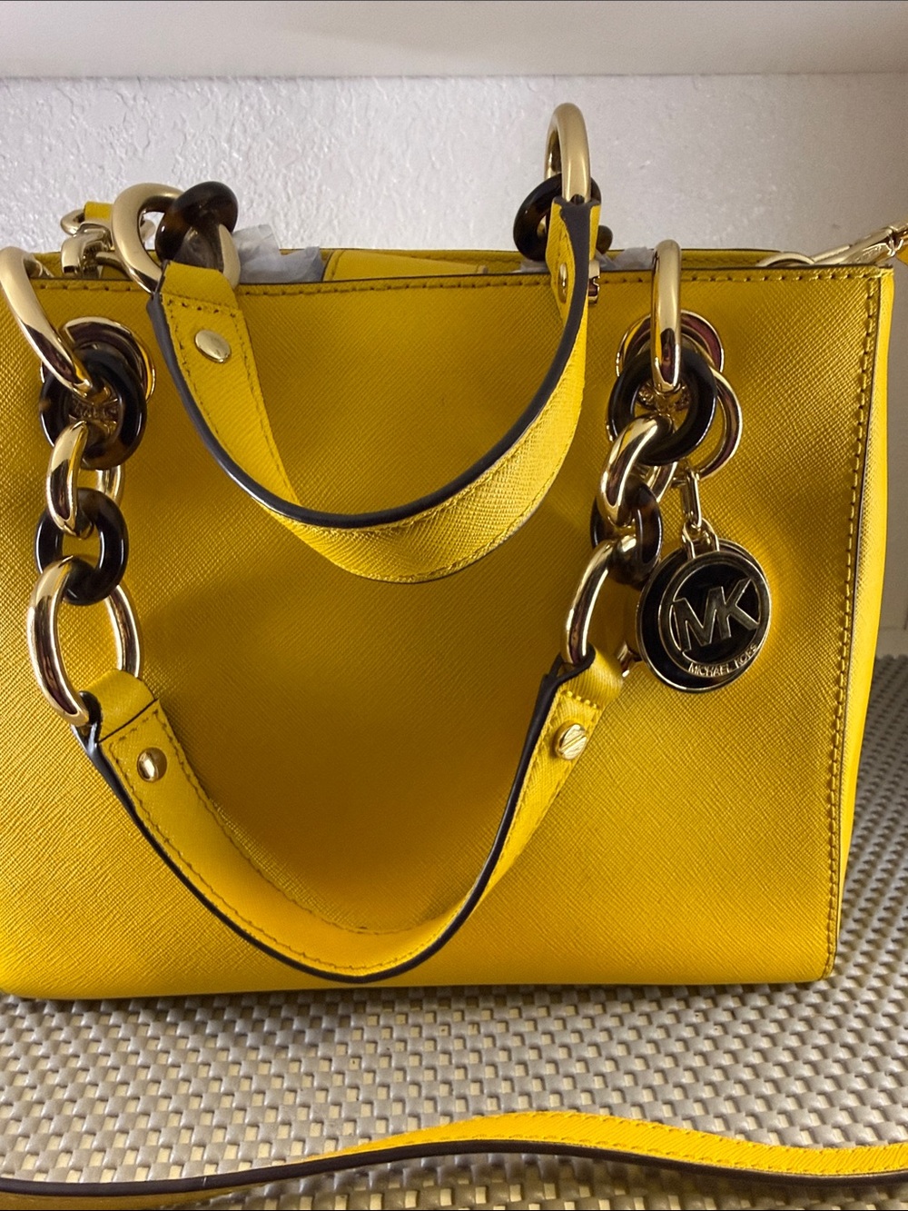 Michael Kors Bright Yellow Saffiano Leather Satchel with Gold Hardware